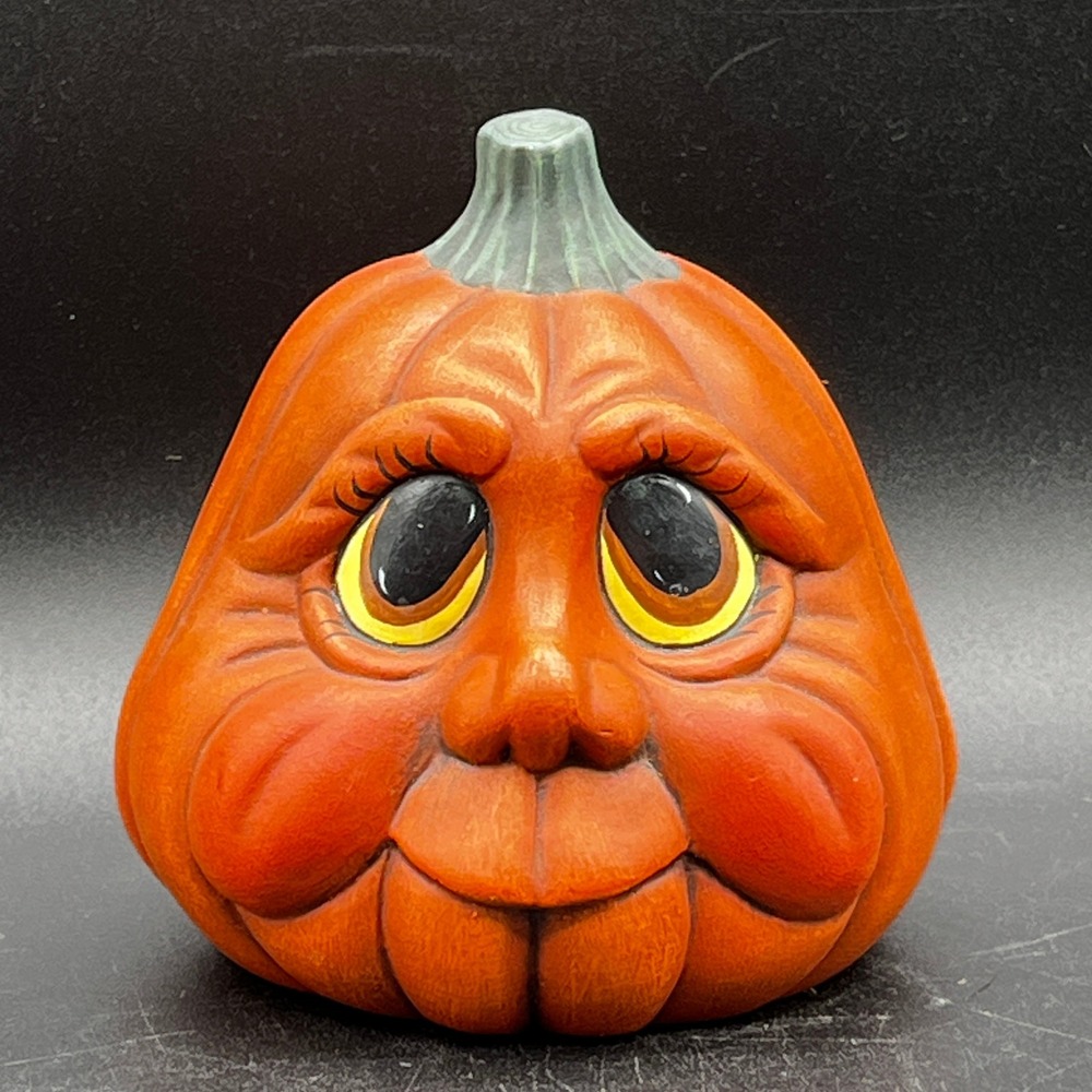 Vtg Anthropormorphic Ceramic Pumpkin Figurine Whimsical Face Halloween Decor 4"